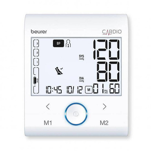 فشارسنج بازویی دیجیتال بیورر مدل BM96 با صفحه نمایش XL و نور پسزمینه سفید، تشخیص آریتمی پیشرفته، شاخص ریسک، حافظه دو کاربره هرکدام 60 رکورد، اتصال بلوتوث و USB، نمایش میانگین نتایج و هشدار باتری ضعیف